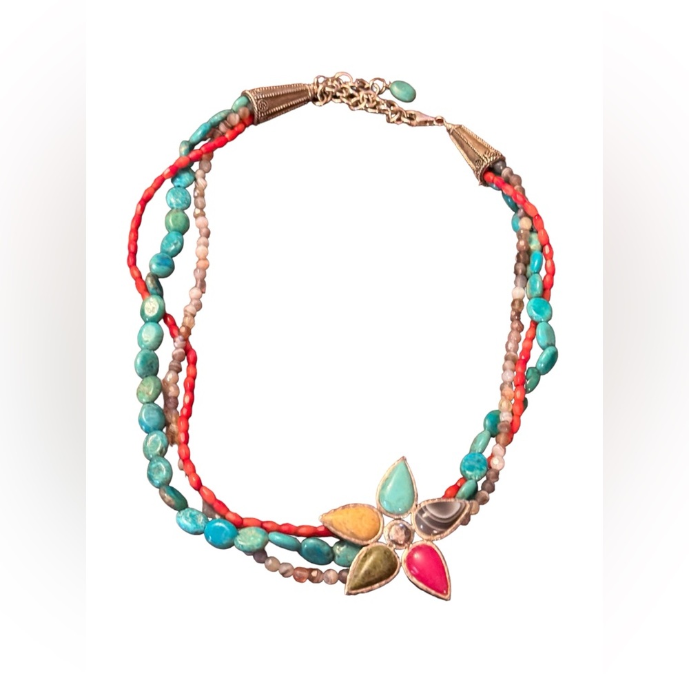 Barse sterling silver 925 multi strand gemstone flower southwestern  necklace